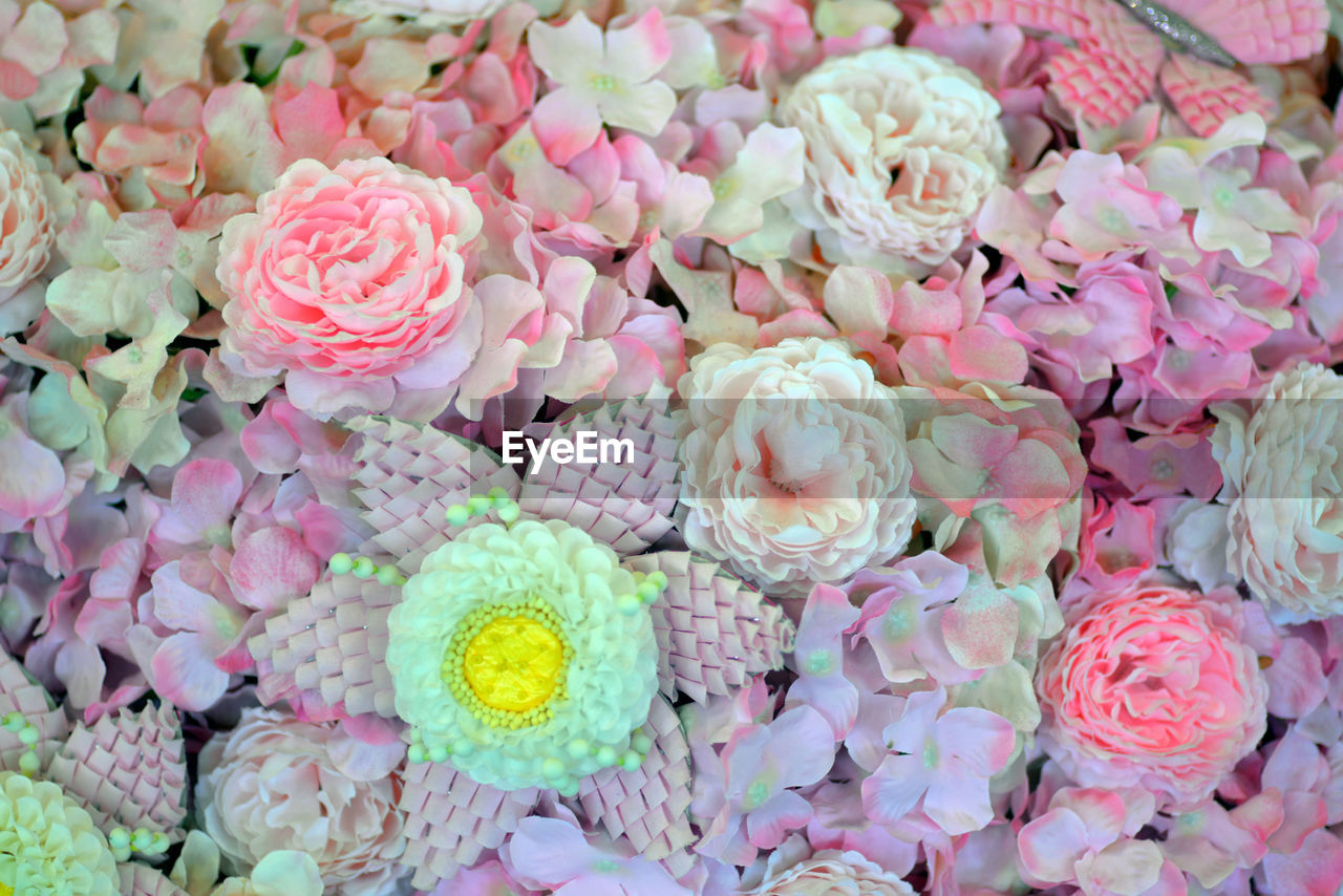 HIGH ANGLE VIEW OF PINK ROSE BOUQUET ON PLANT