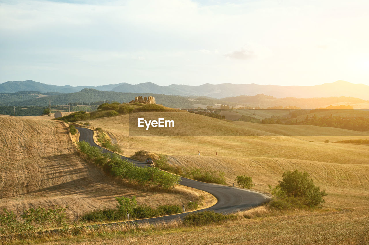 Volterra, tuscany, italy. august 2020. amazing panorama of the tuscan countryside . golden hour.