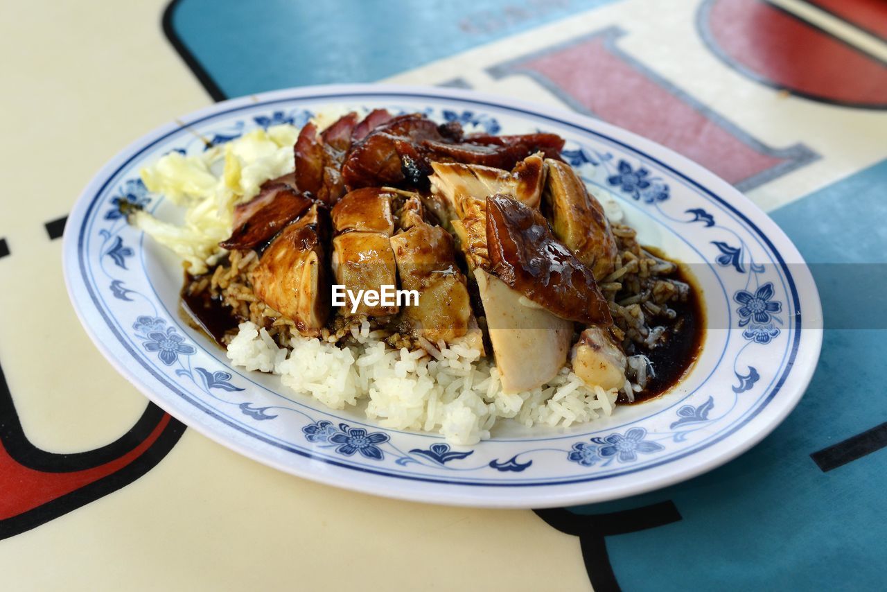 High angle view of char siu served in plate