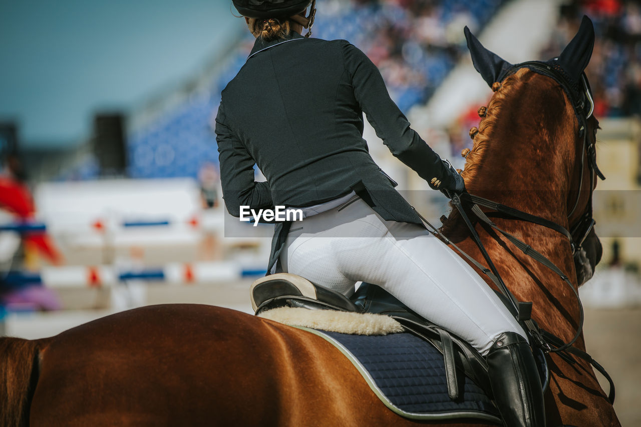 Close-up of woman riding horse