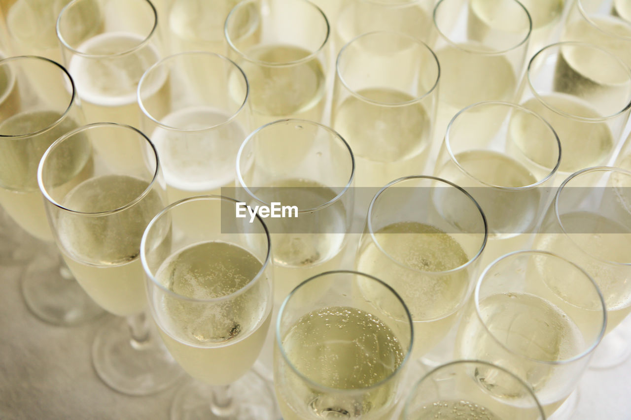 High angle view of many wine glasses on table at celebration