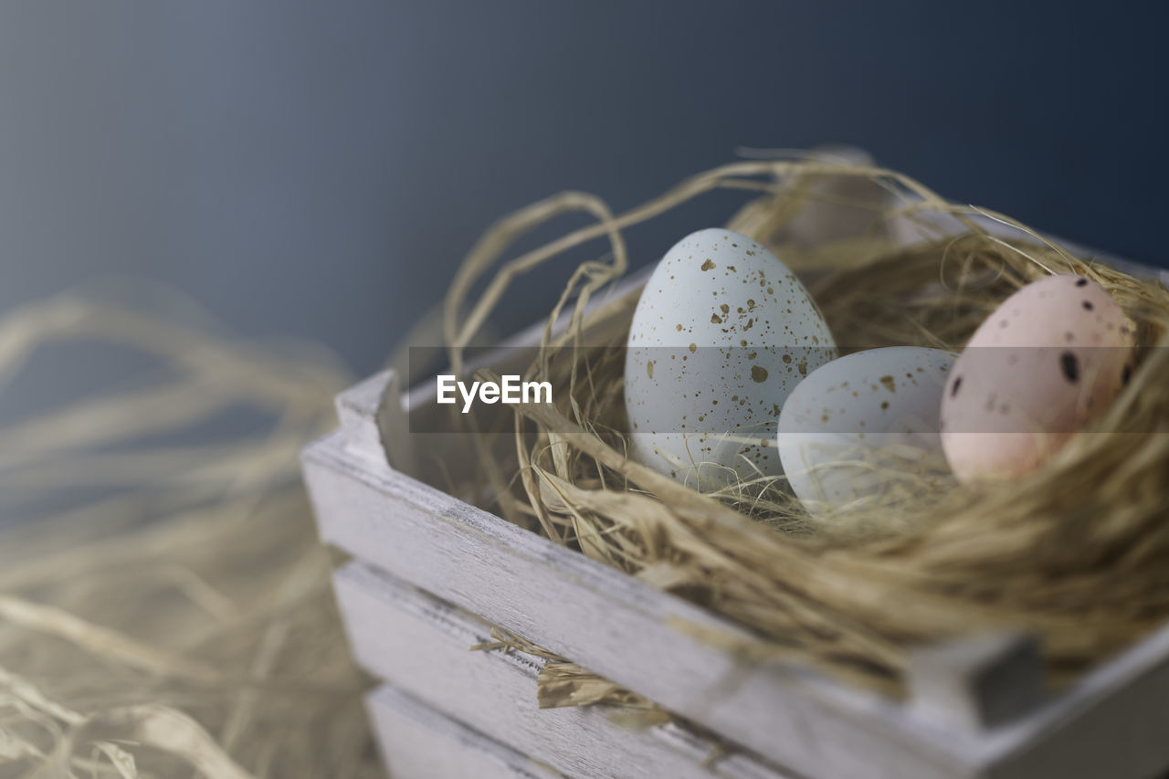 Close-up of easter eggs in crate