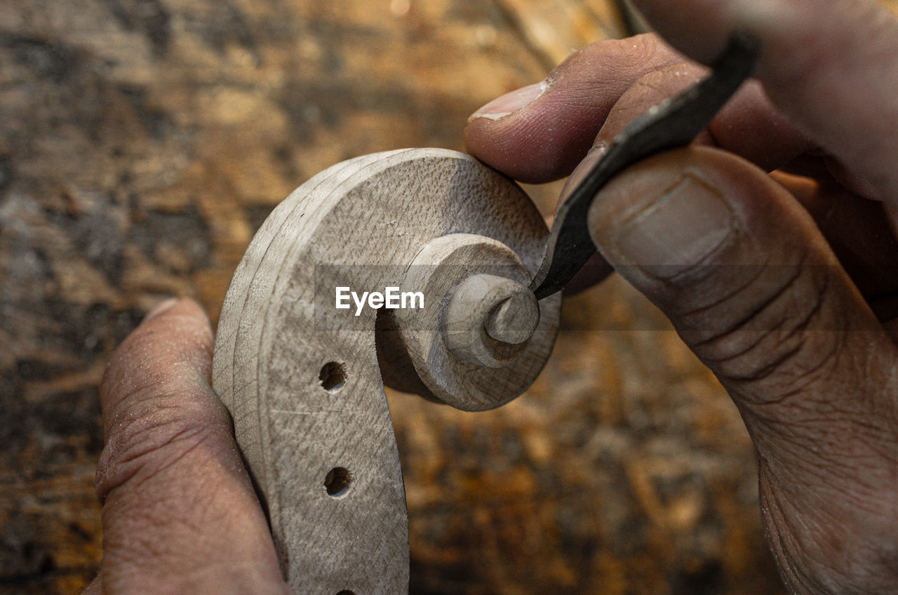 Violin maker luthier hand working a new violin scroll in cremona italy