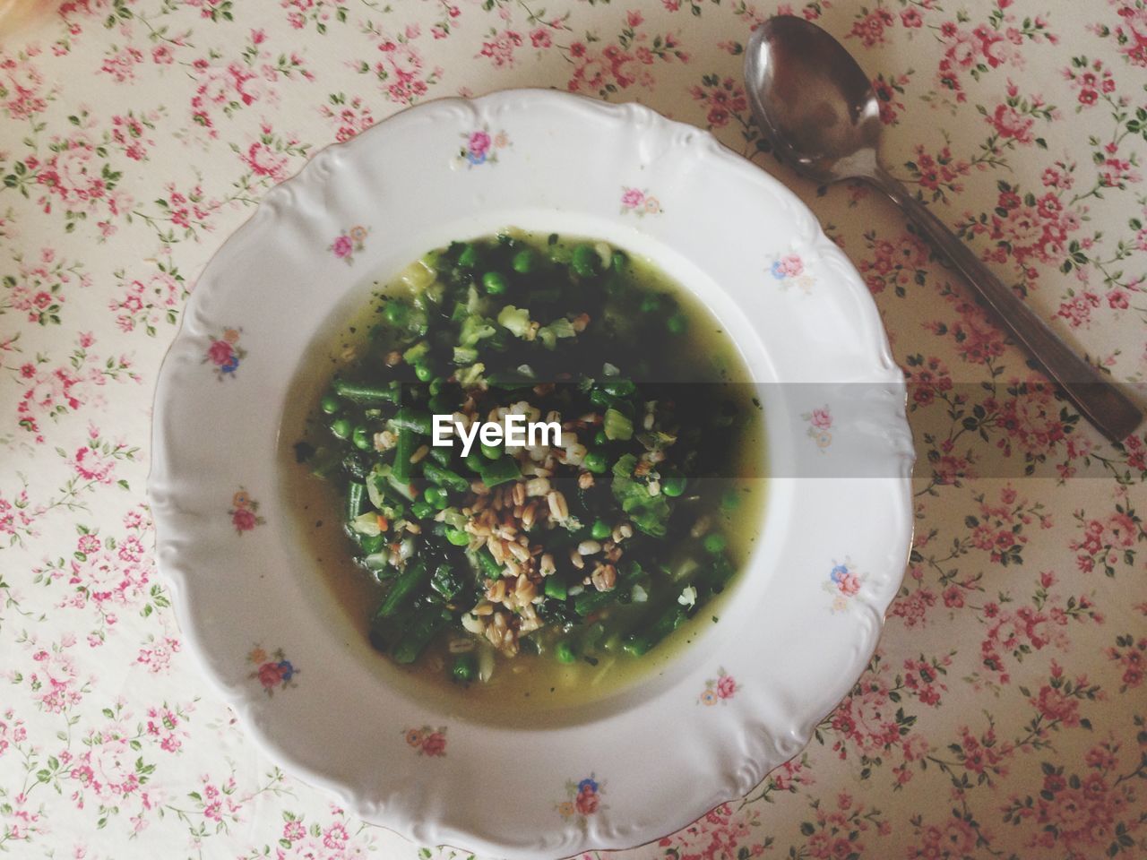 High angle view of soup with avena orzo farro