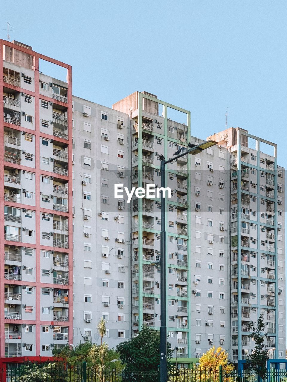 Low angle view of buildings against clear sky