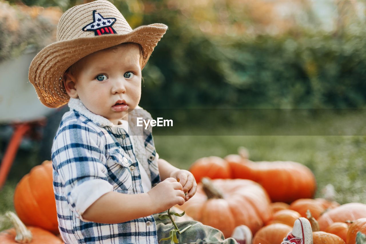 Portrait of a charming baby sitting on pumpkins in the garden or vegetable garden during the harvest 
