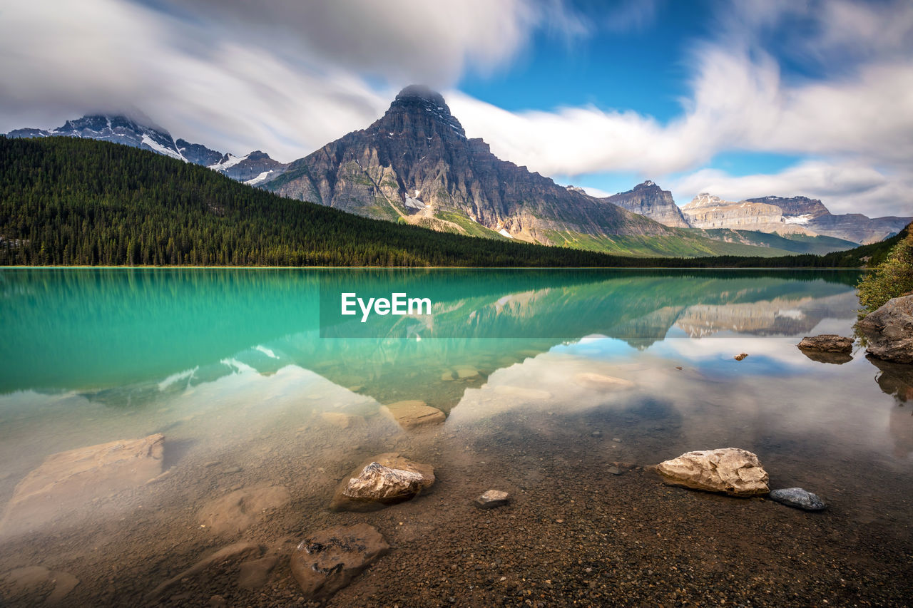 Mountain landscape and reflection along the icefield parkway in banff national park
