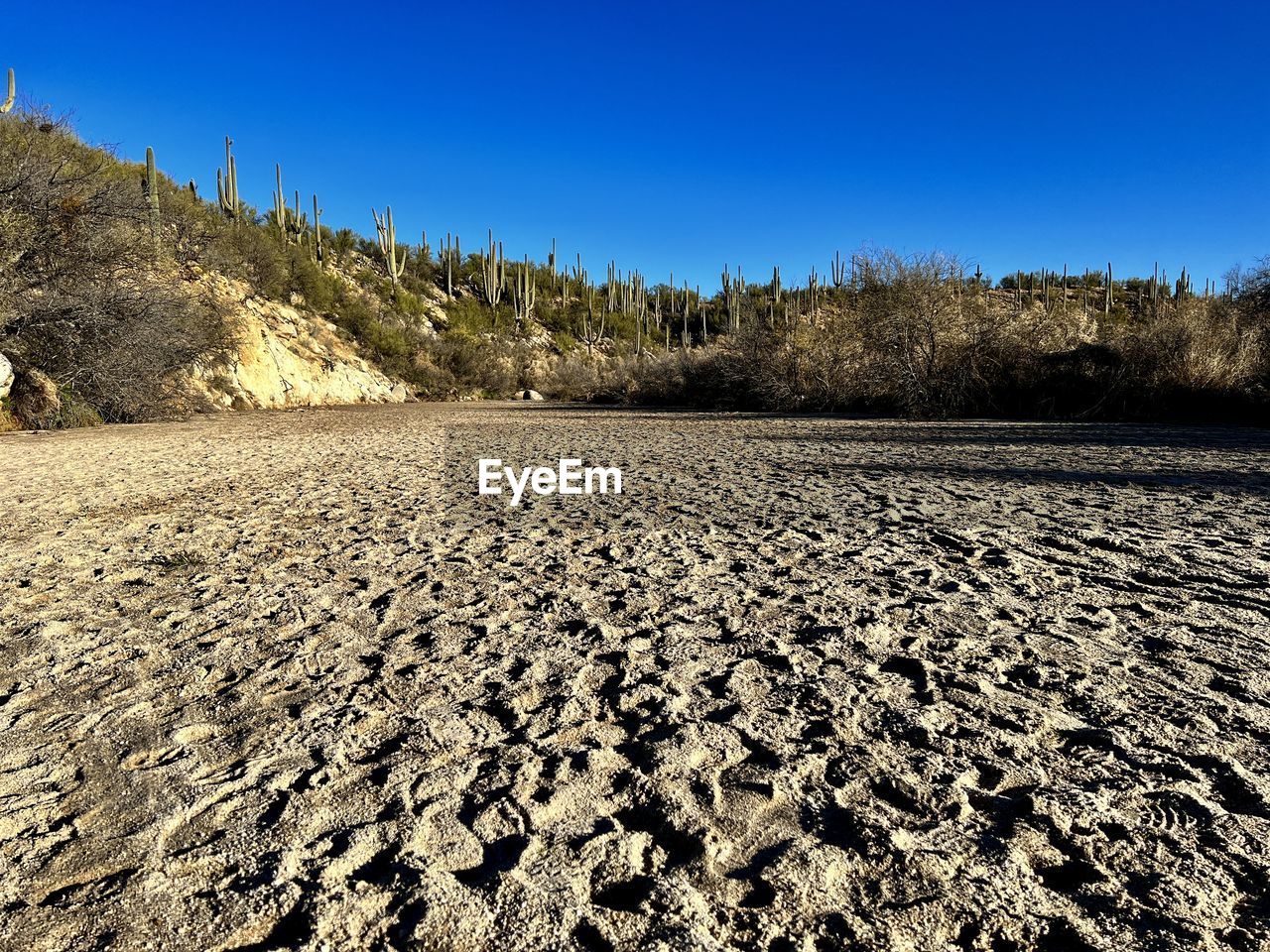 Scenic view of river bed against clear blue sky