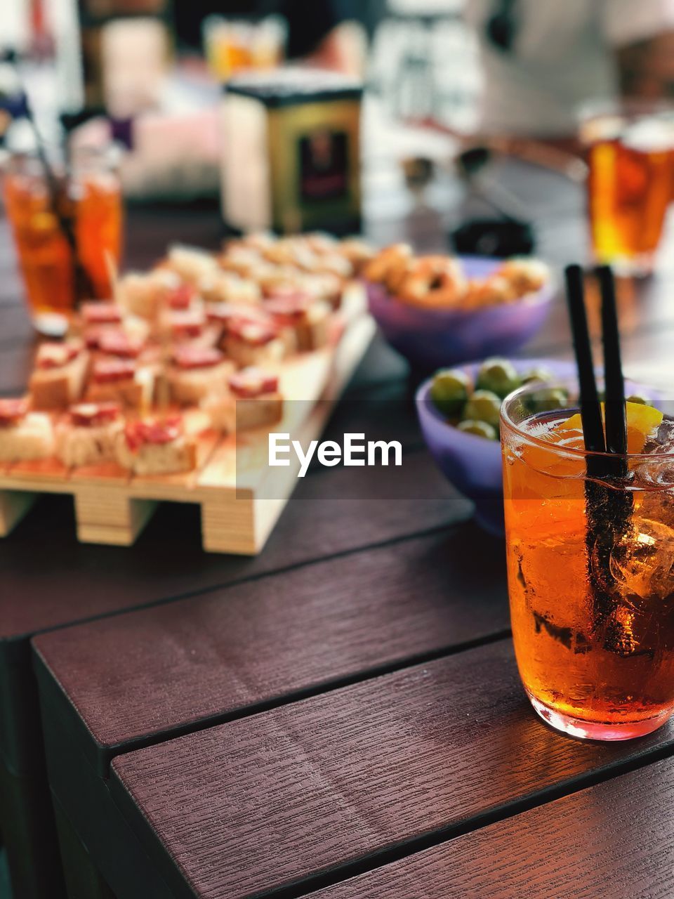 Close-up of food and drink on table in restaurant