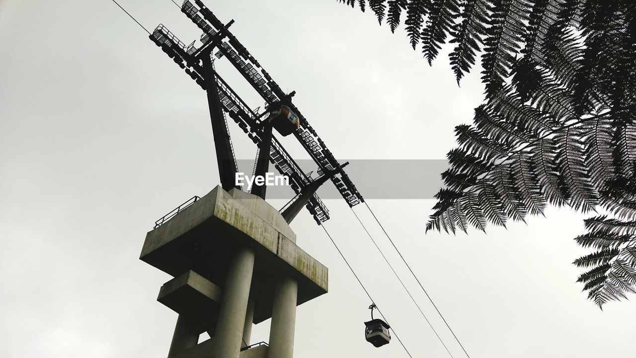 Low angle view of overhead cable car against clear sky