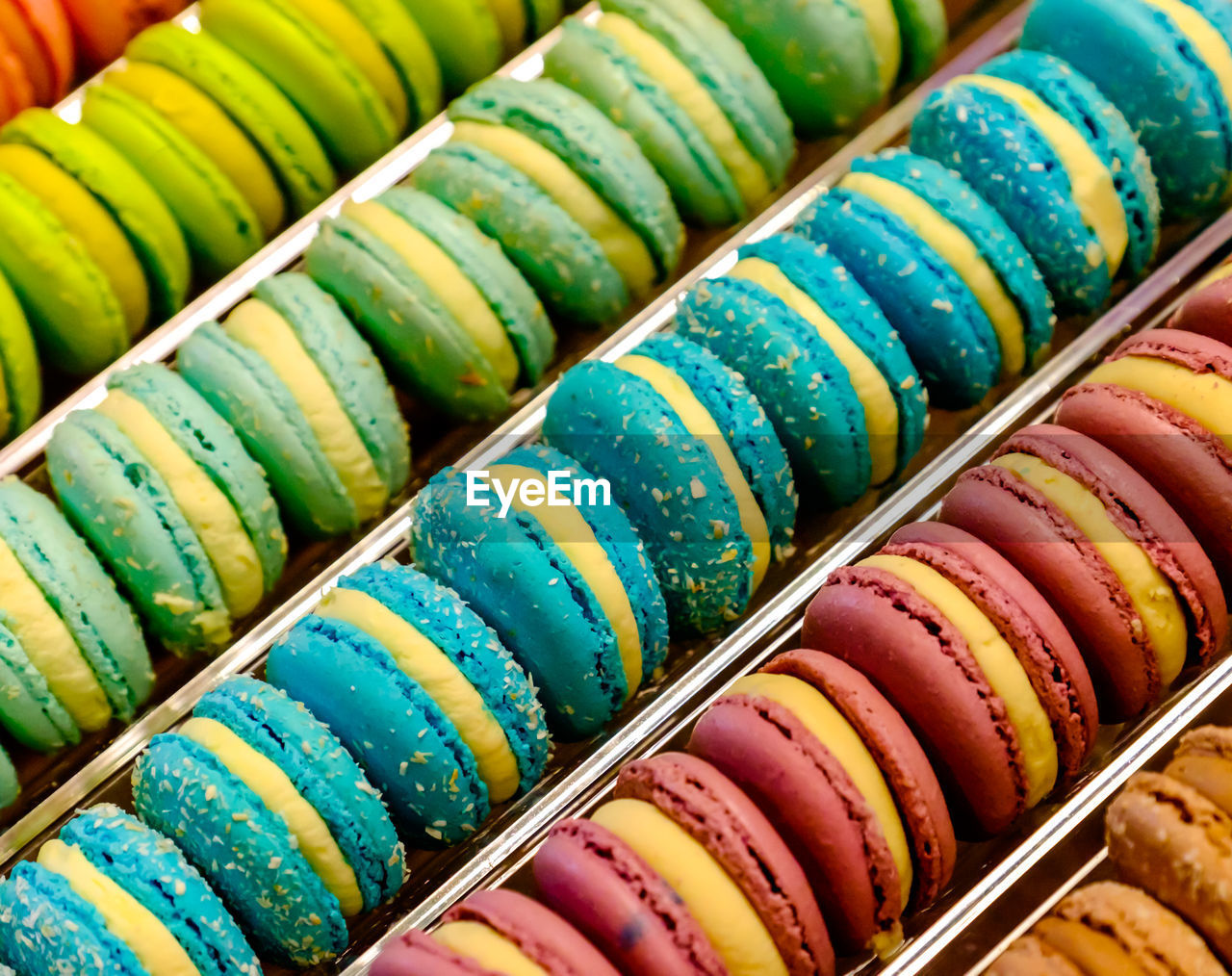 Full frame shot of colorful macaroons at store