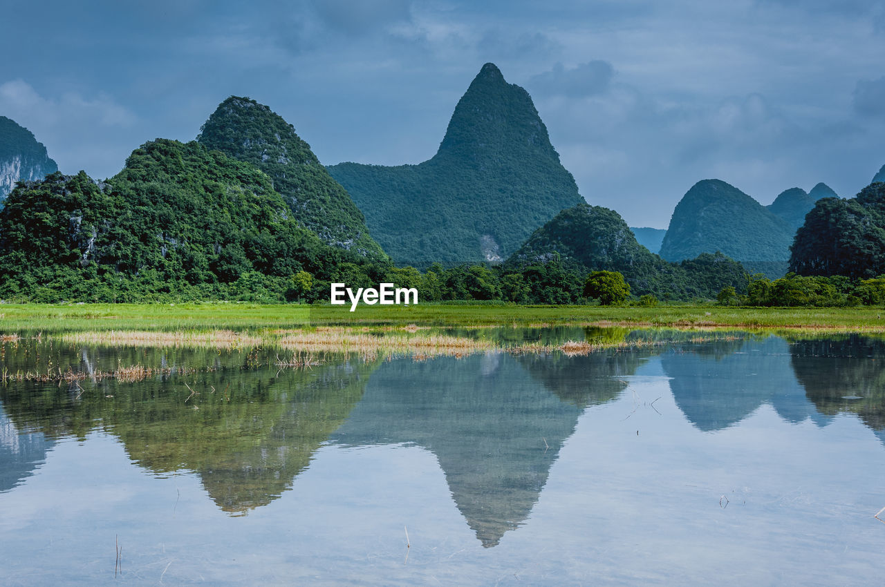 Scenic view of lake and mountains against sky