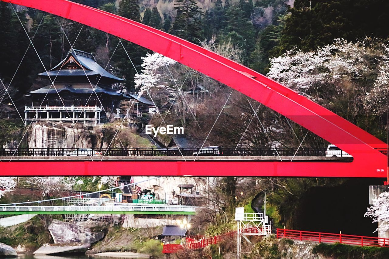 Bridge by trees and houses