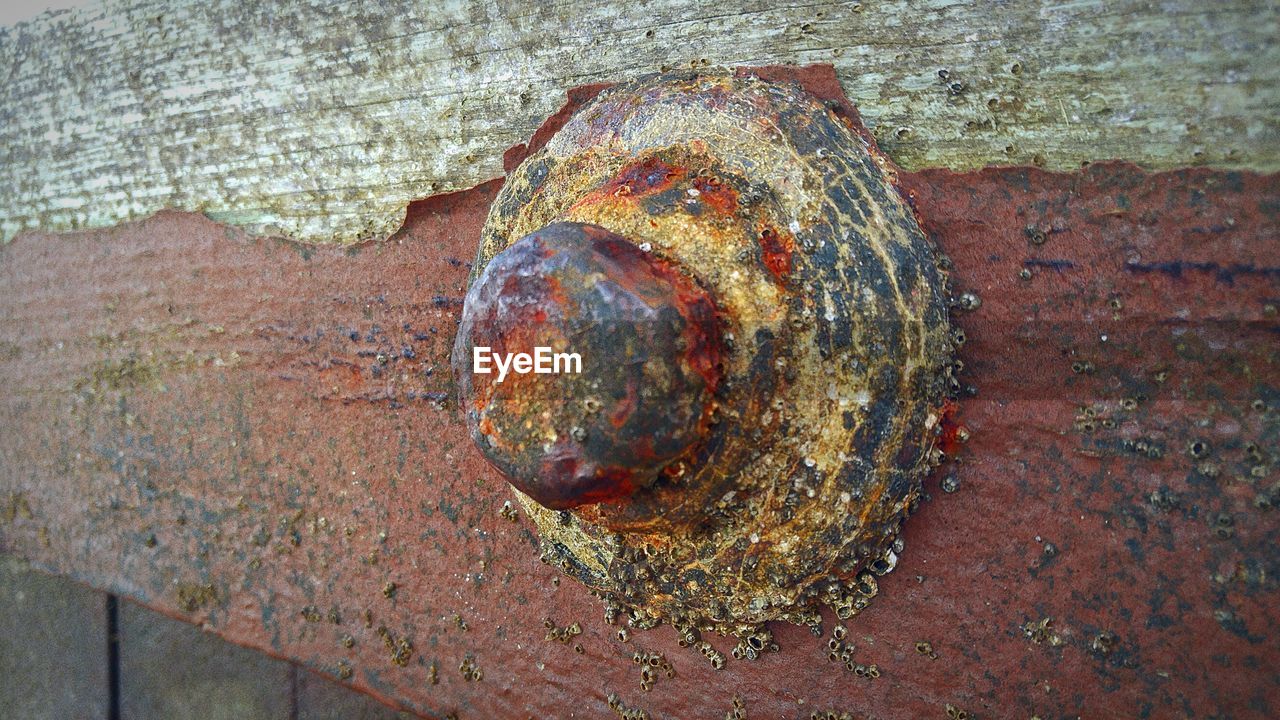 Close-up of rusty metal on wood