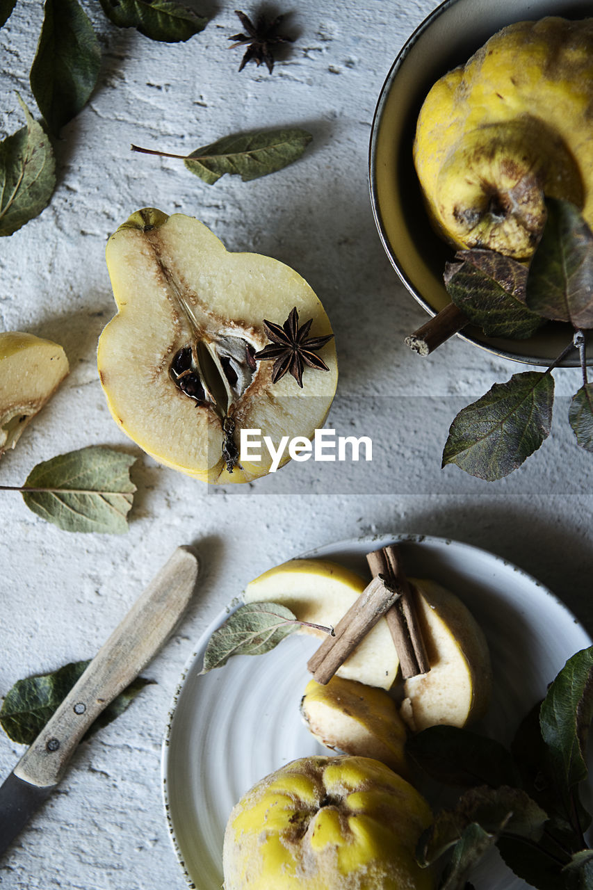 High angle view of sliced quince