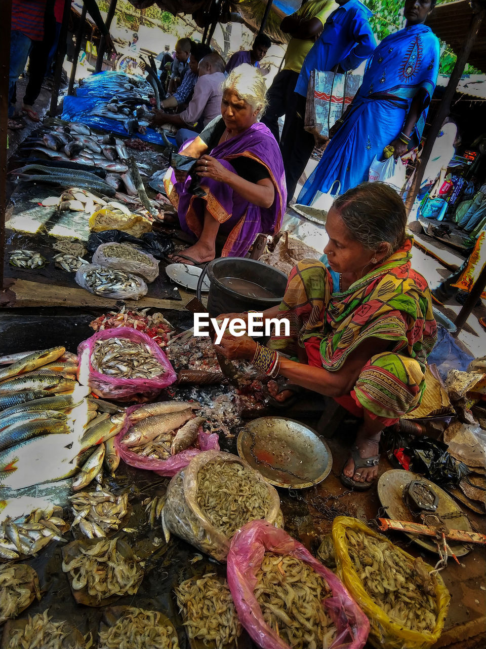 Tilt shot of women selling fish at market