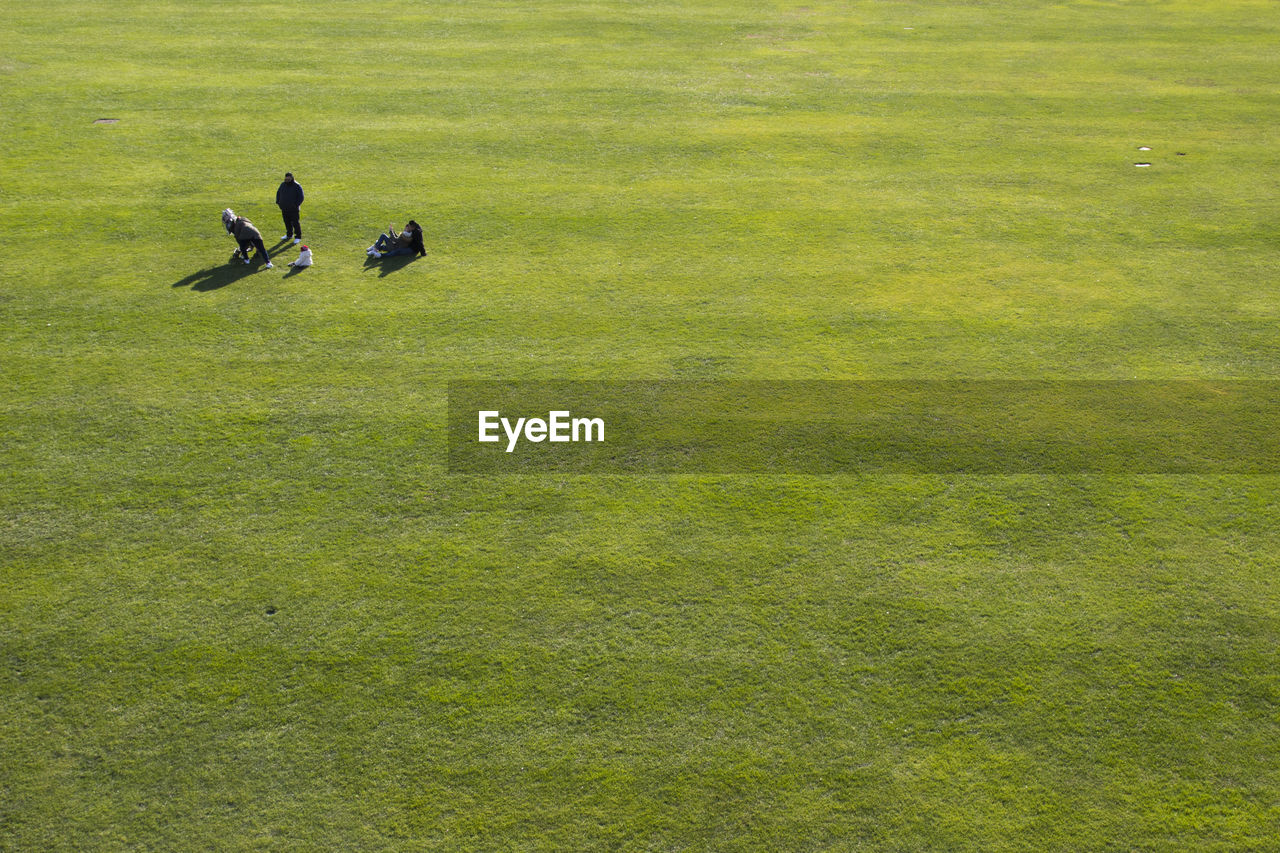 High angle view of people on grassy field