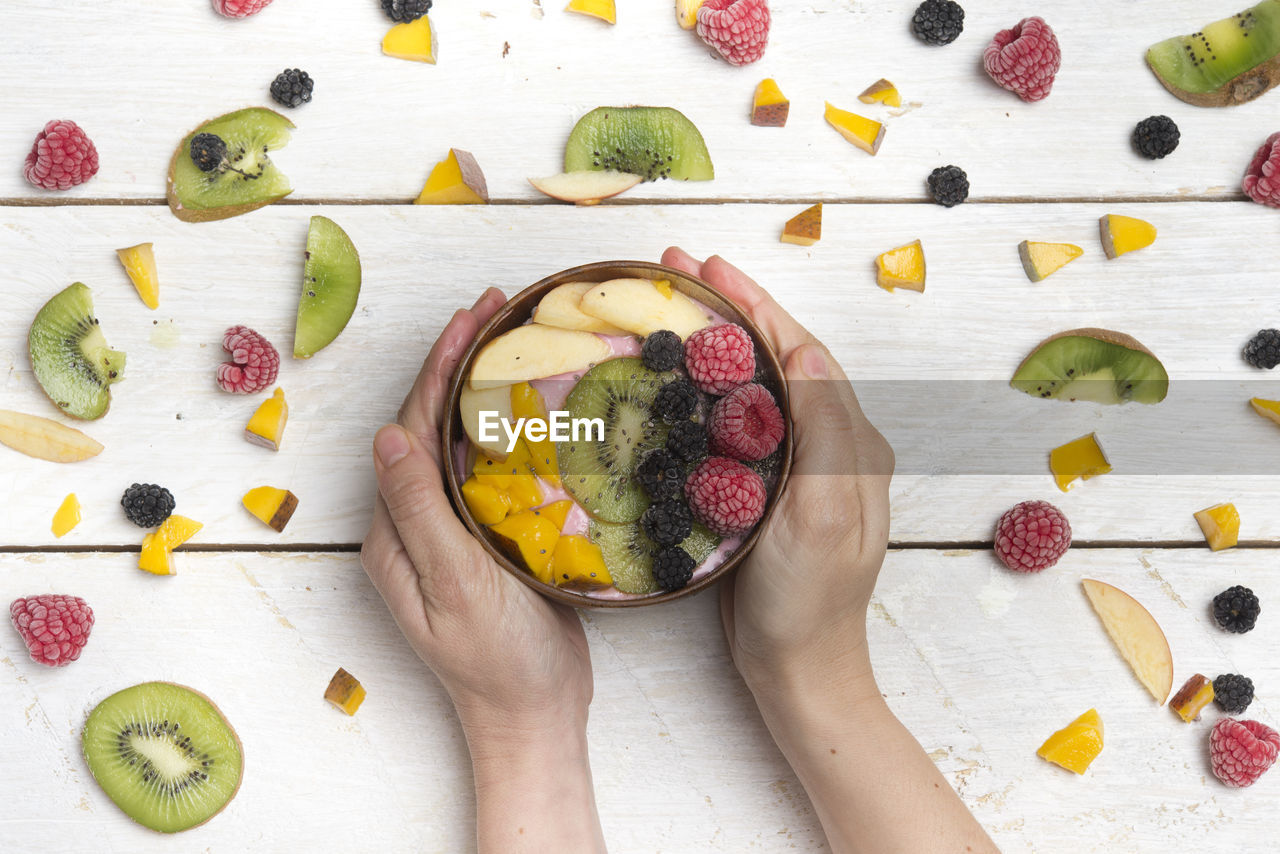 Cropped hands holding breakfast in bowl on table