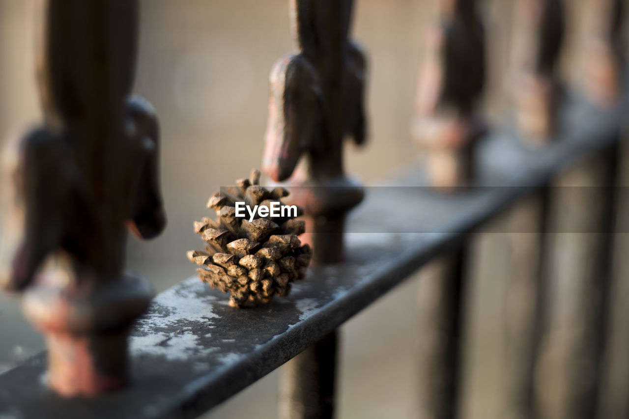 CLOSE-UP OF FOOD ON RAILING AGAINST BLURRED BACKGROUND