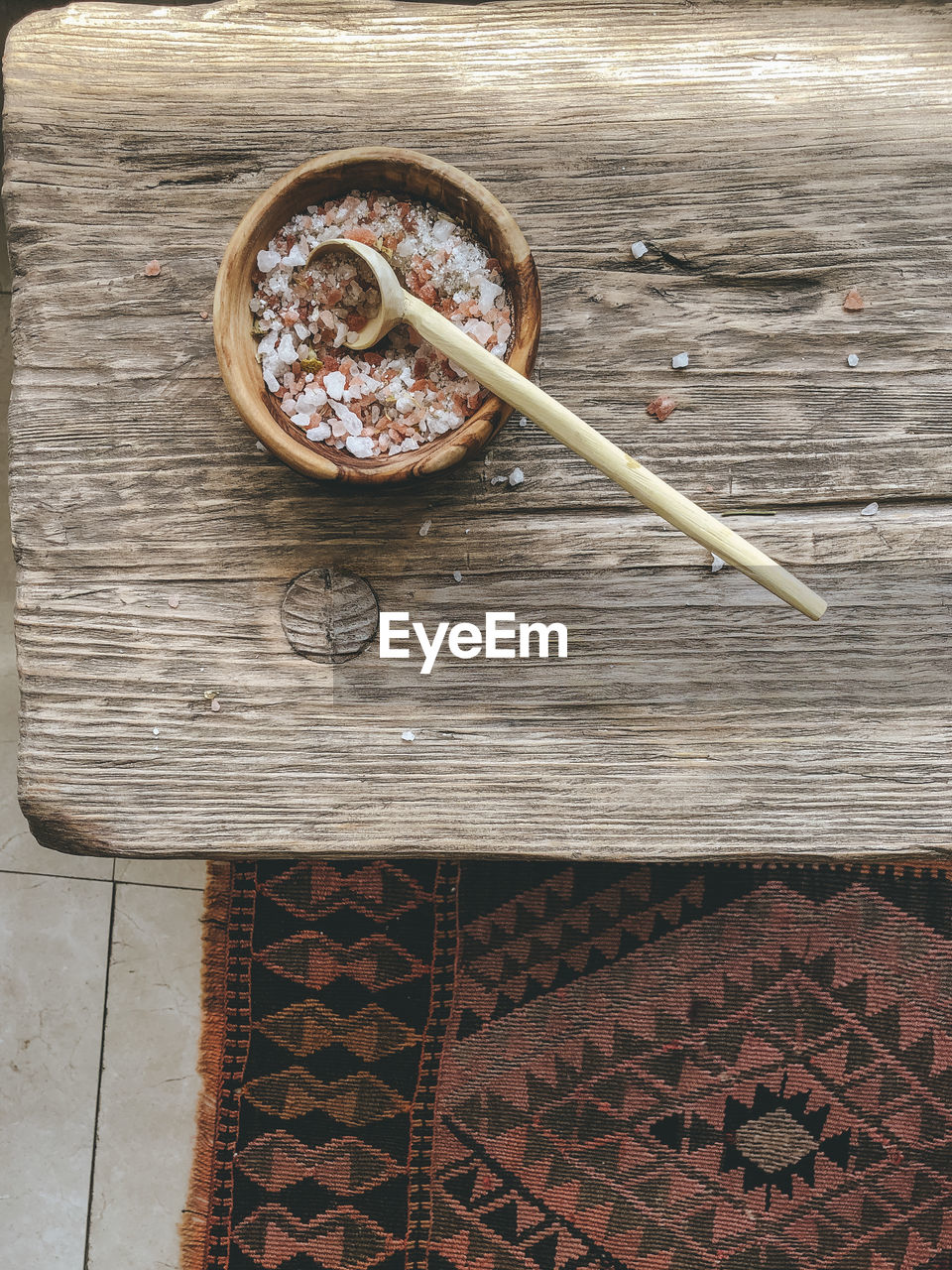 HIGH ANGLE VIEW OF BREAKFAST ON WOODEN TABLE