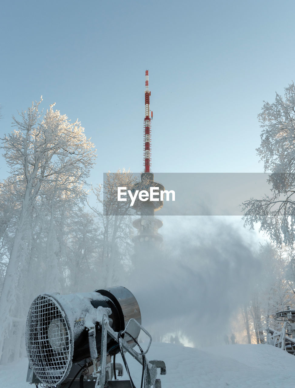 Snowmaking machine in action in ski resort sljeme near zagreb, croatia