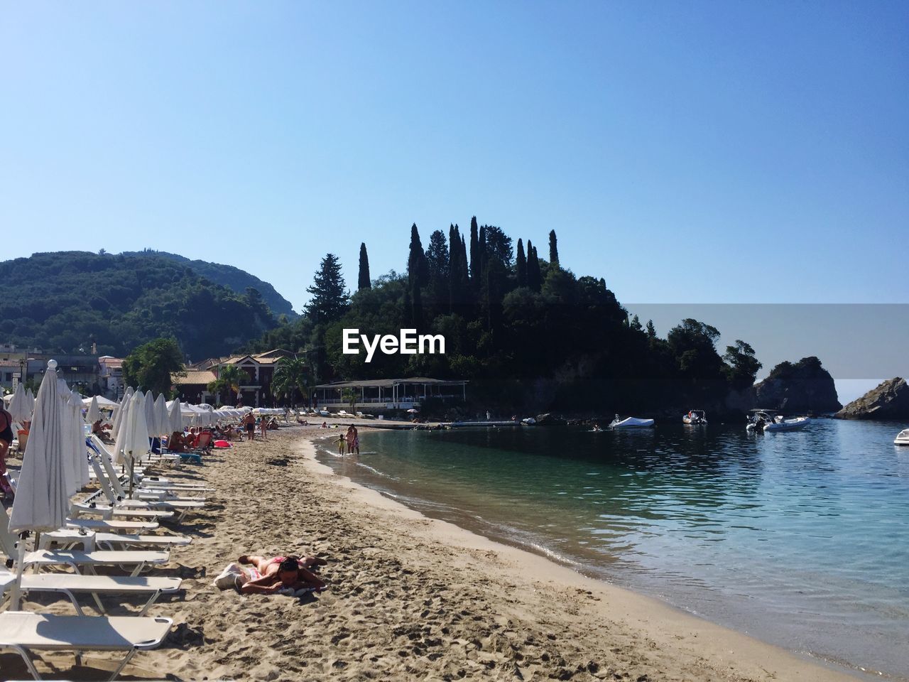 PANORAMIC SHOT OF BEACH AGAINST CLEAR SKY