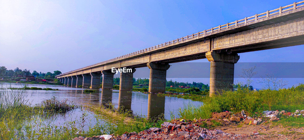 Low angle view of bridge over river against clear sky