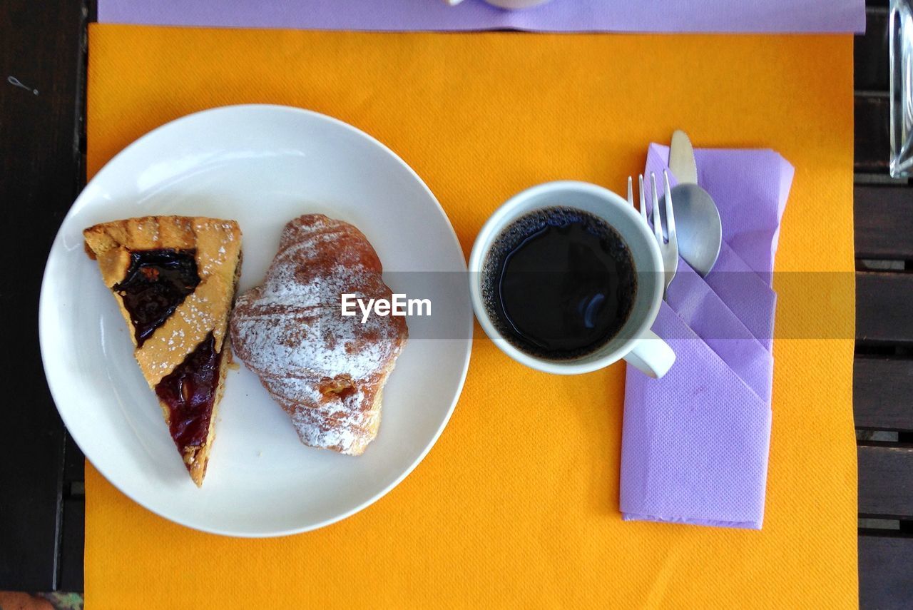 DIRECTLY ABOVE SHOT OF BREAKFAST AND COFFEE SERVED ON TABLE