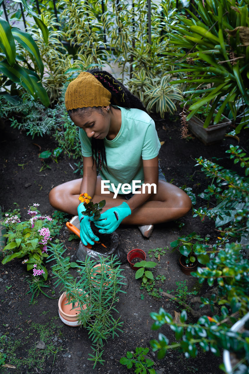 From above of smiling black female gardener sitting on ground in hothouse and transplanting kalanchoe flower