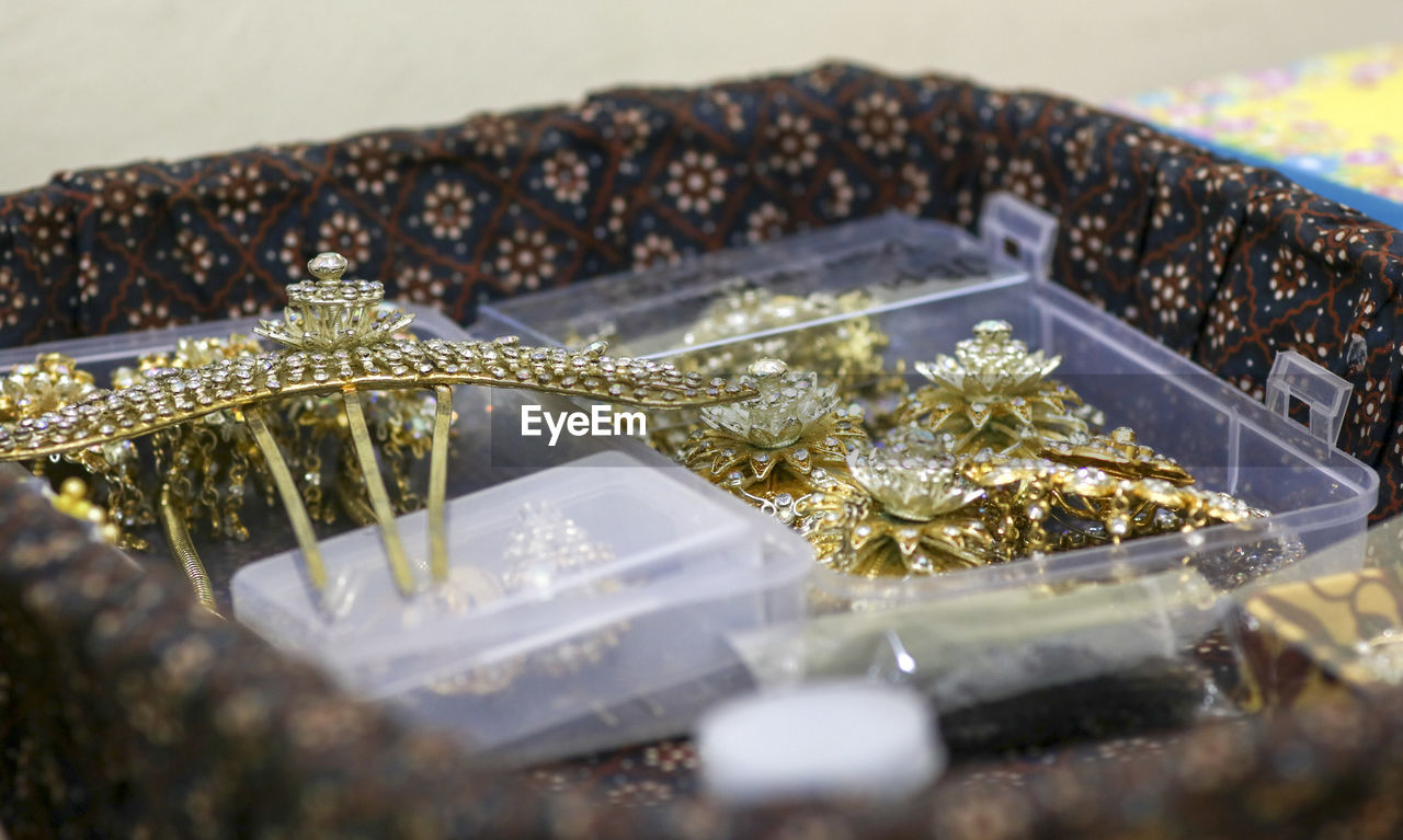 Close-up of jewelry on table