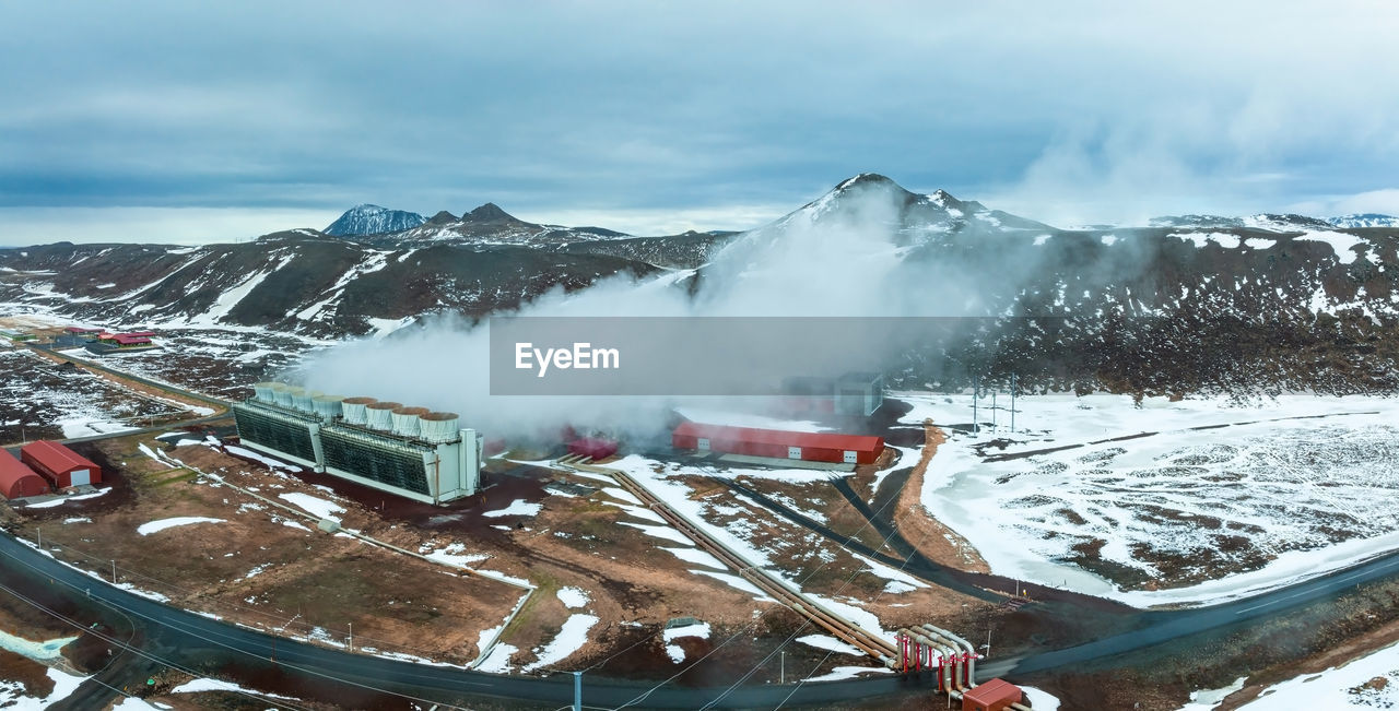 Aerial view of the krafla power plant in iceland.