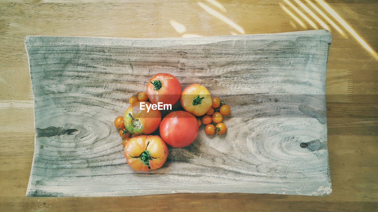 High angle view of tomatoes on table