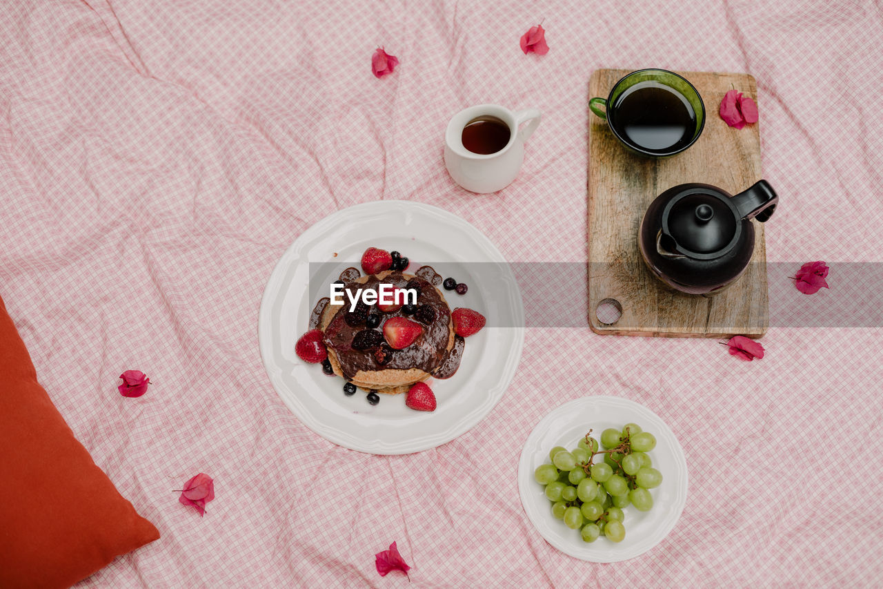 High angle view of breakfast served on table