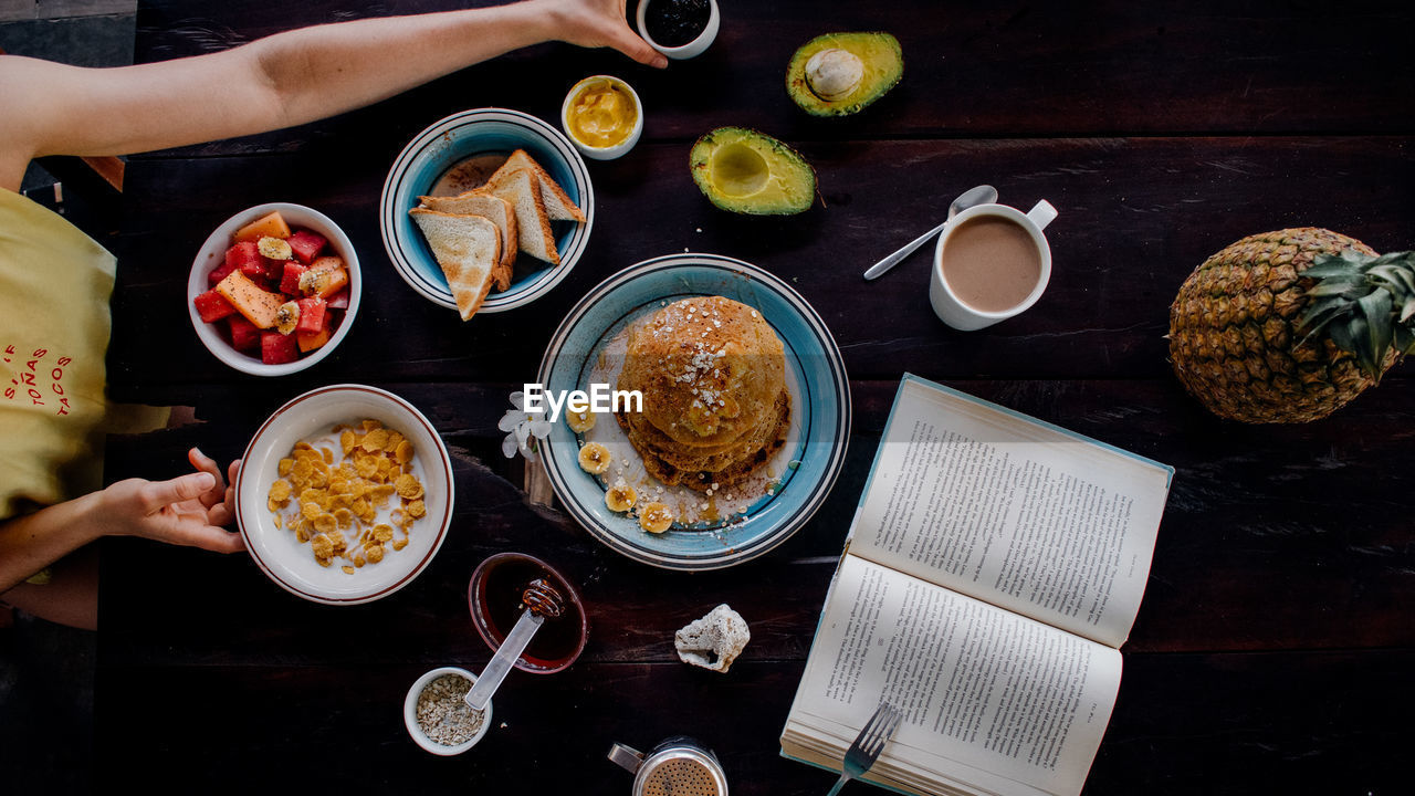 Directly above shot of woman with breakfast on table