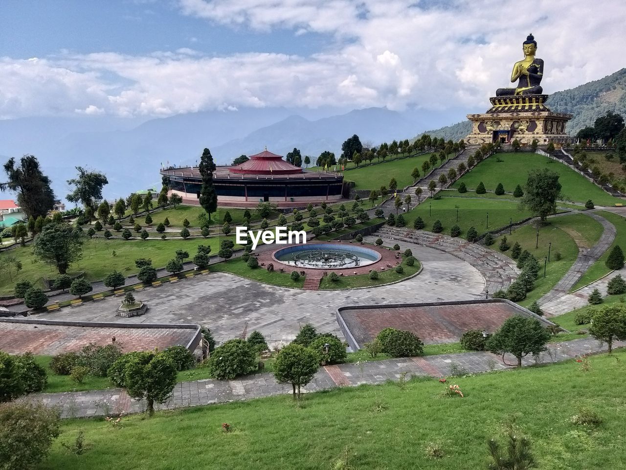 High angle view of historic building against sky