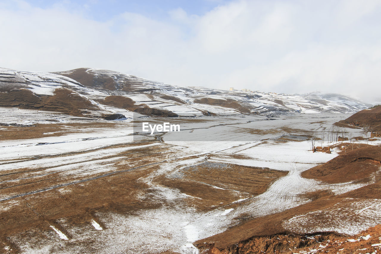 Scenic view of landscape against sky during winter