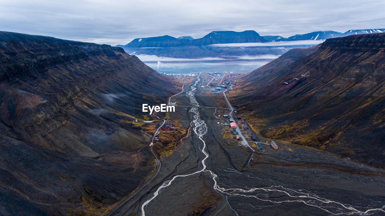 Scenic view of valley at longyearbyen