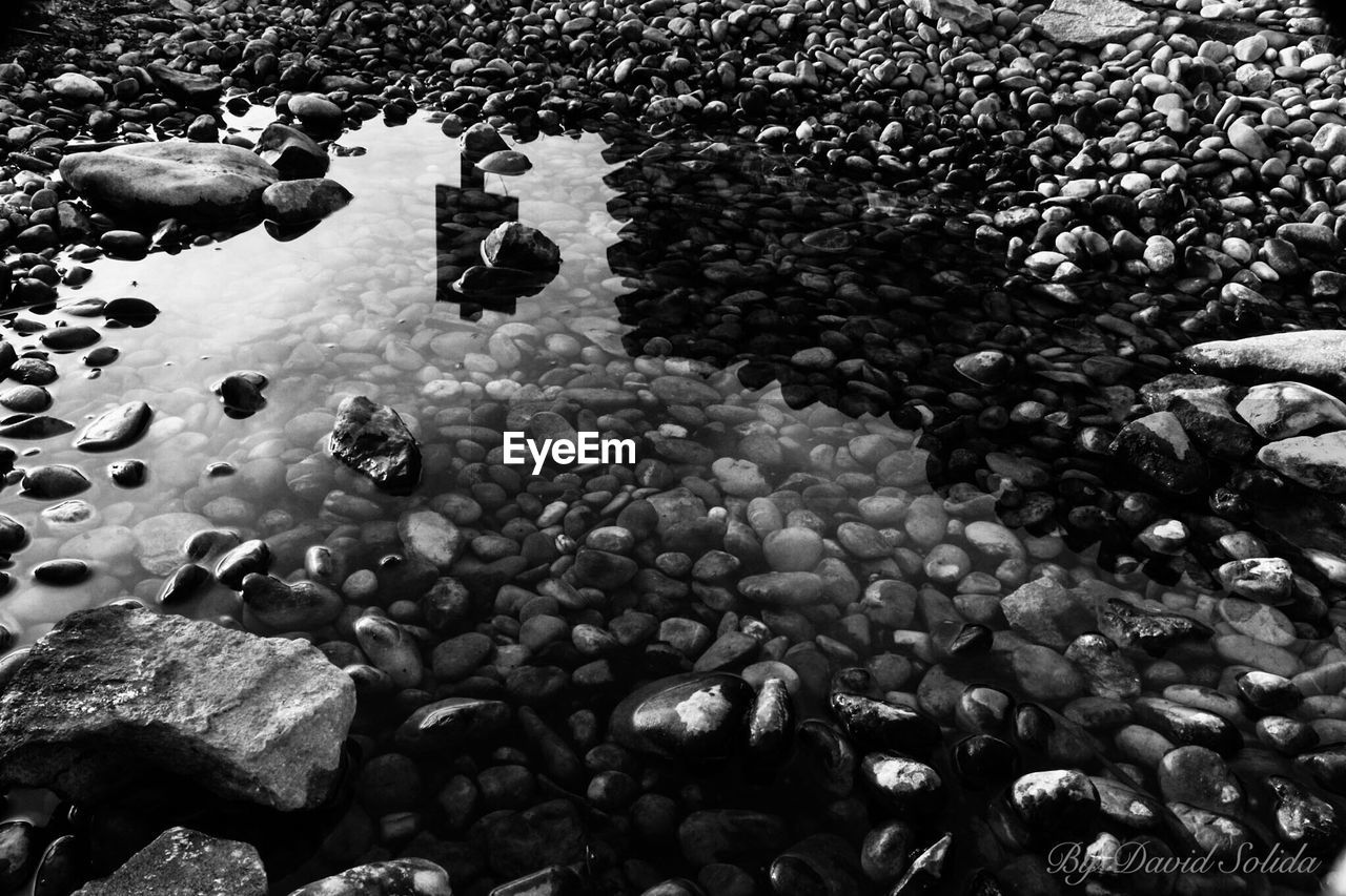 CLOSE-UP OF PEBBLES ON SHORE