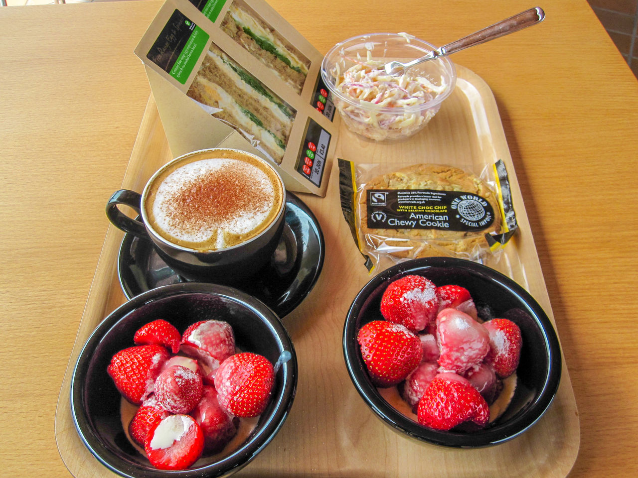 HIGH ANGLE VIEW OF BREAKFAST IN CONTAINER ON TABLE