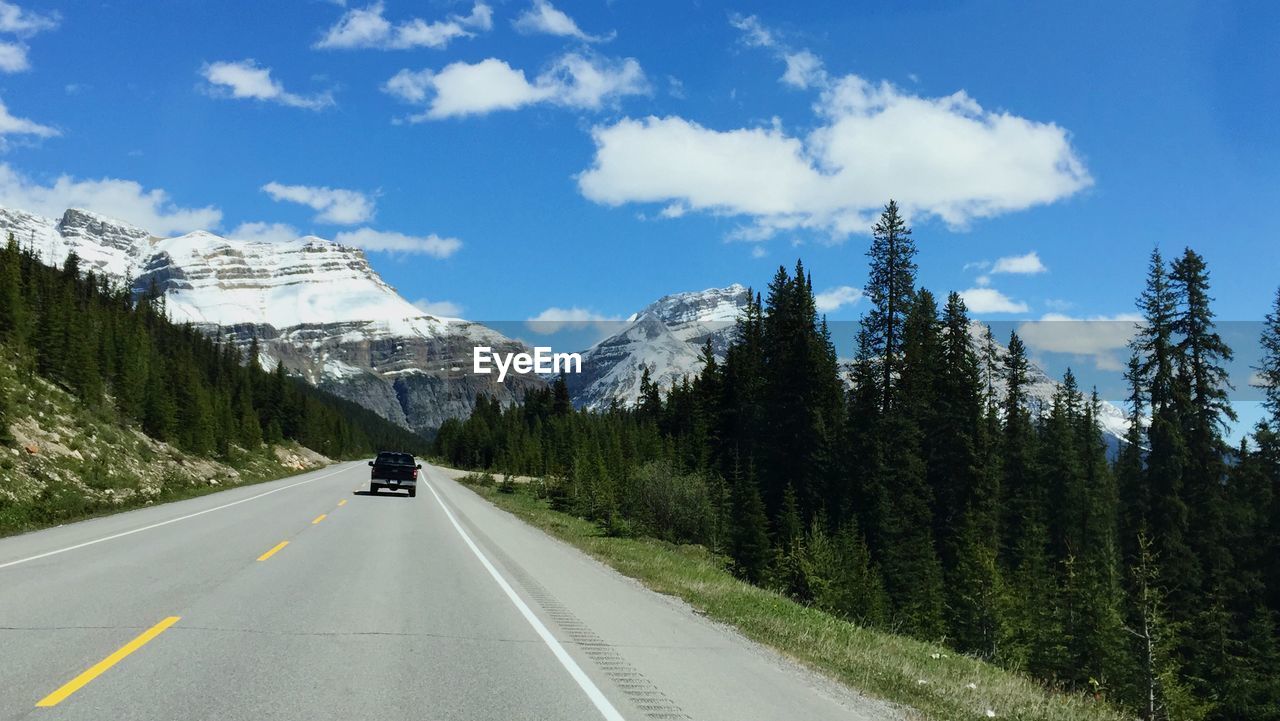 Car moving on road amidst trees against blue sky