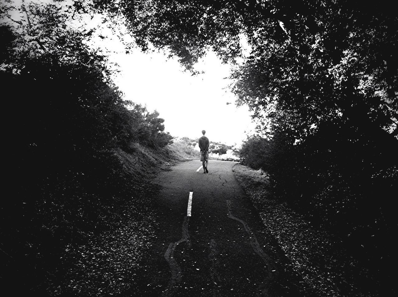 Rear view of man walking on country road against sky