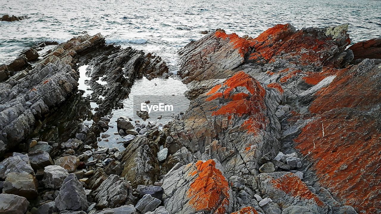 HIGH ANGLE VIEW OF ROCK ON SEA