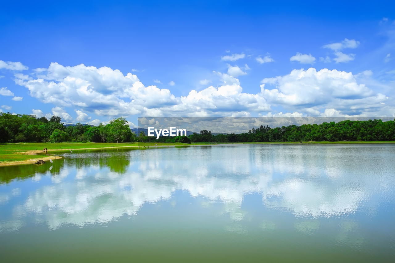 SCENIC VIEW OF LAKE AGAINST BLUE SKY