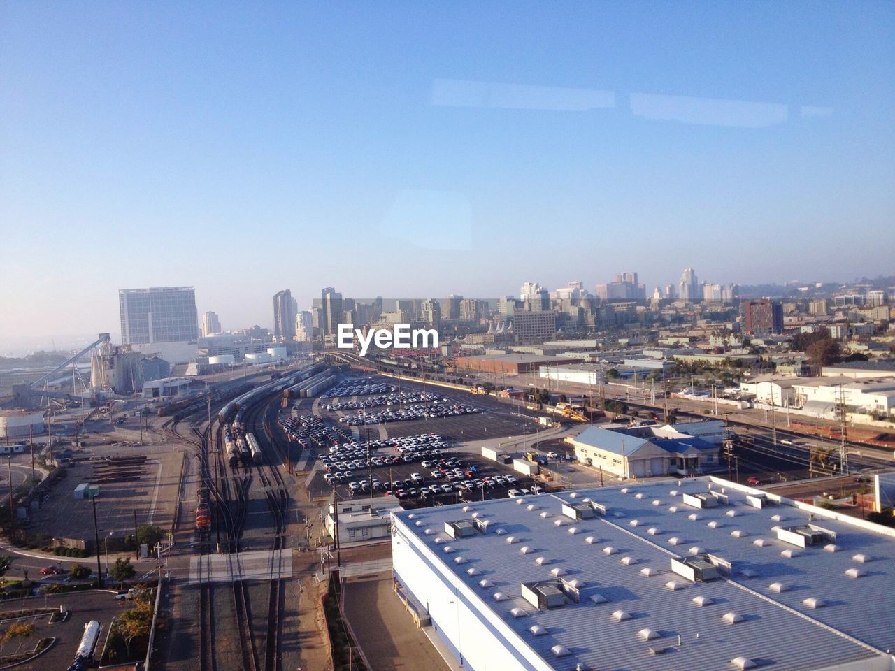 High angle view of cityscape against clear sky