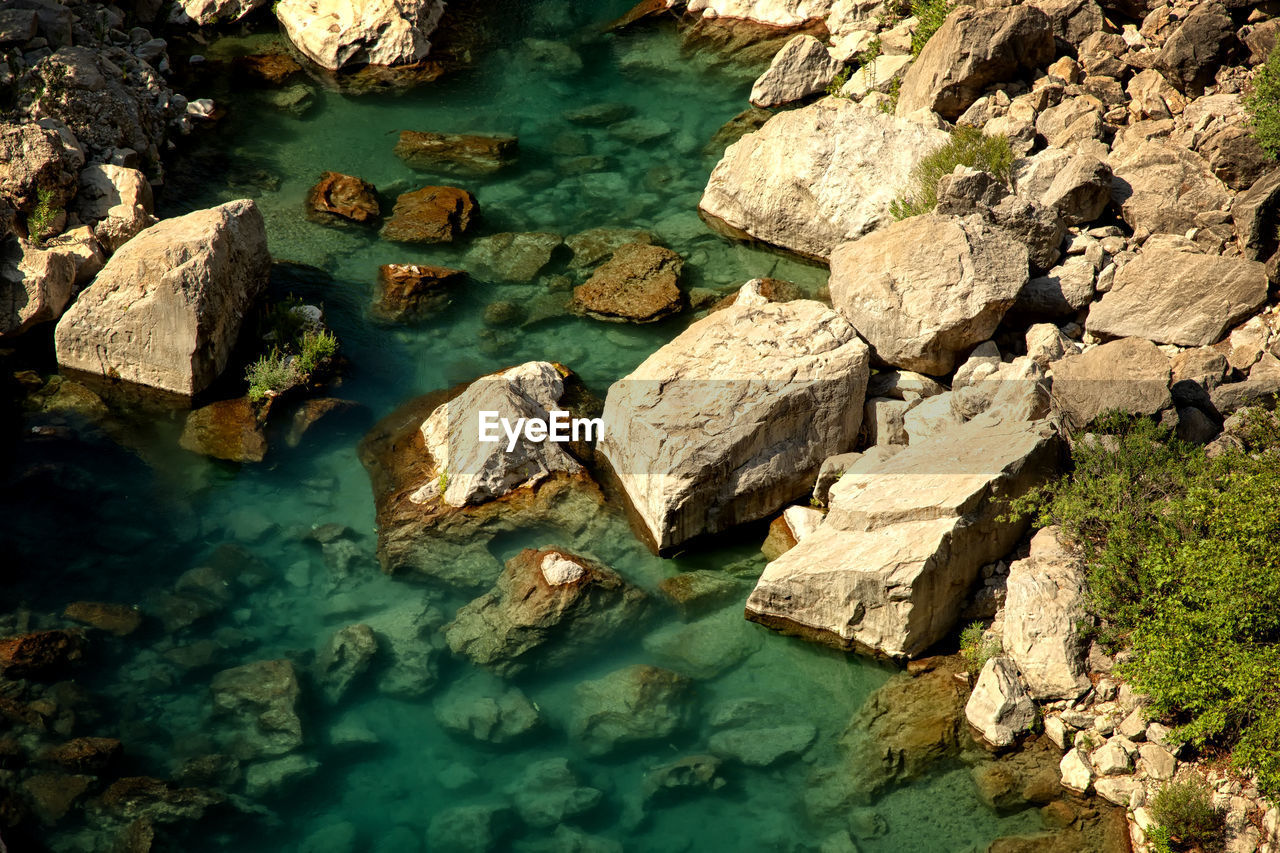 High angle view of rocks in sea