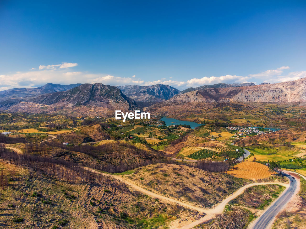 High angle scenic view of the tauras mountain range in turkey with manavgat lake below