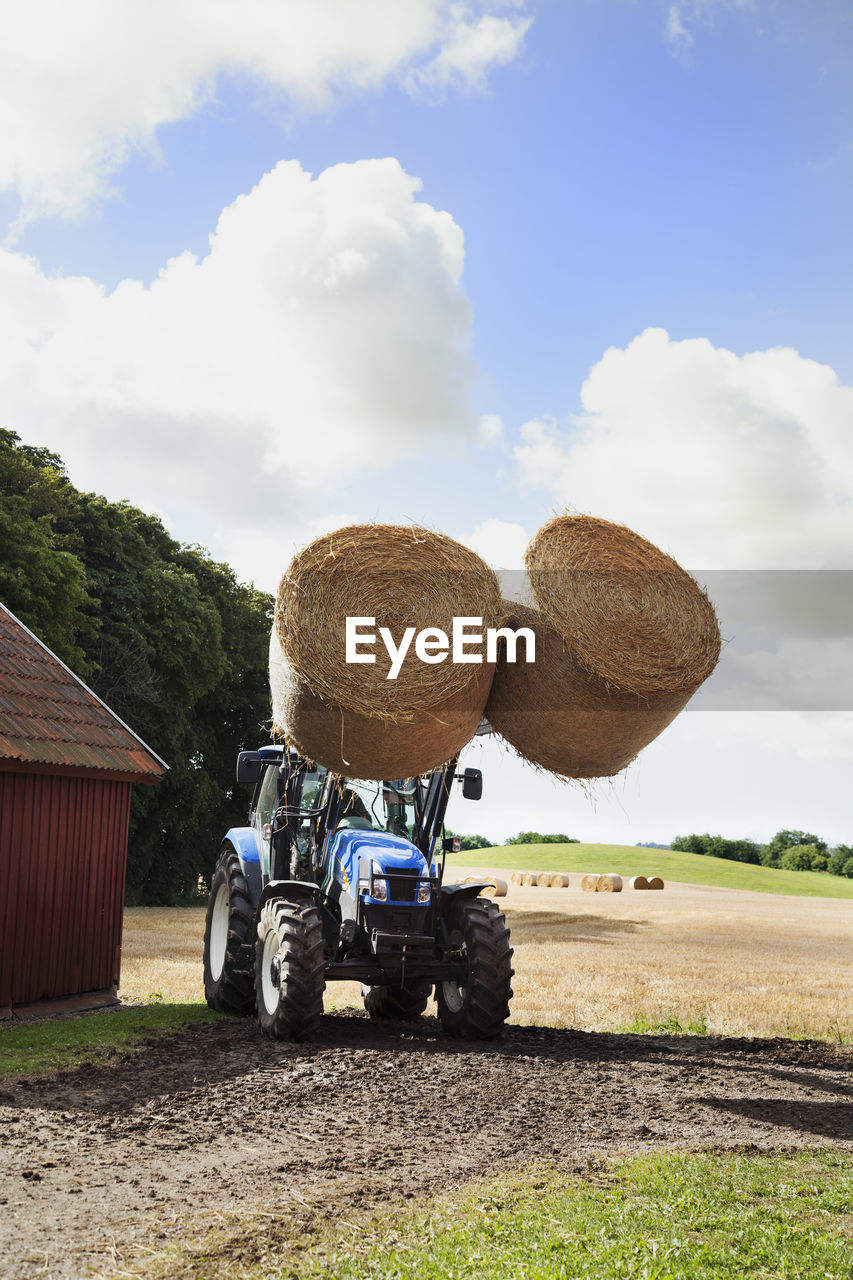 Tractor carrying bales of hay