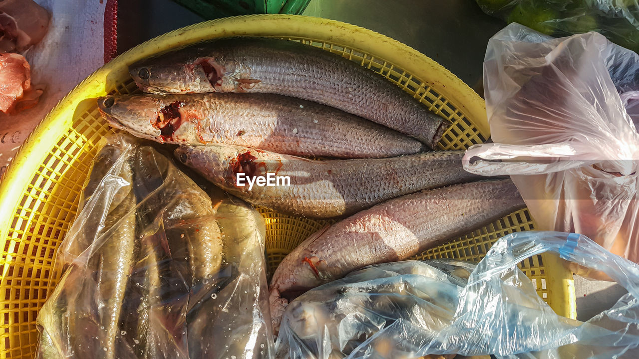 CLOSE-UP OF FISH FOR SALE AT MARKET