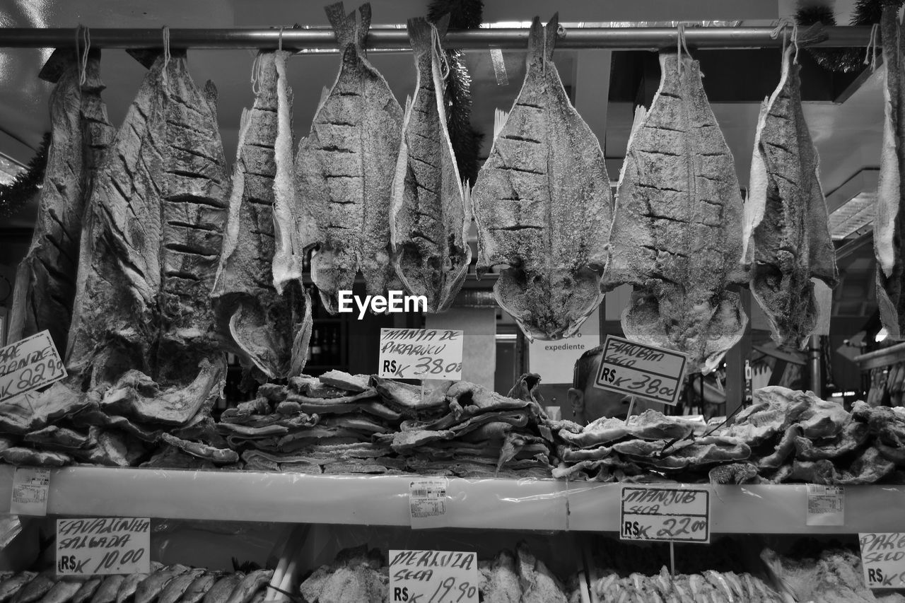 Low angle view of meats for sale at butcher shop