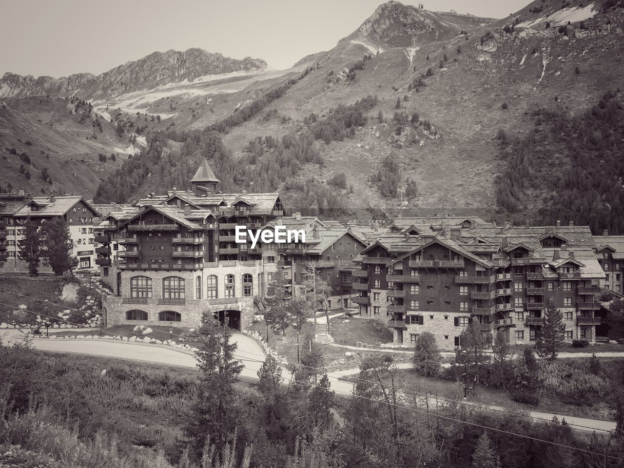 High angle view of townscape against mountain